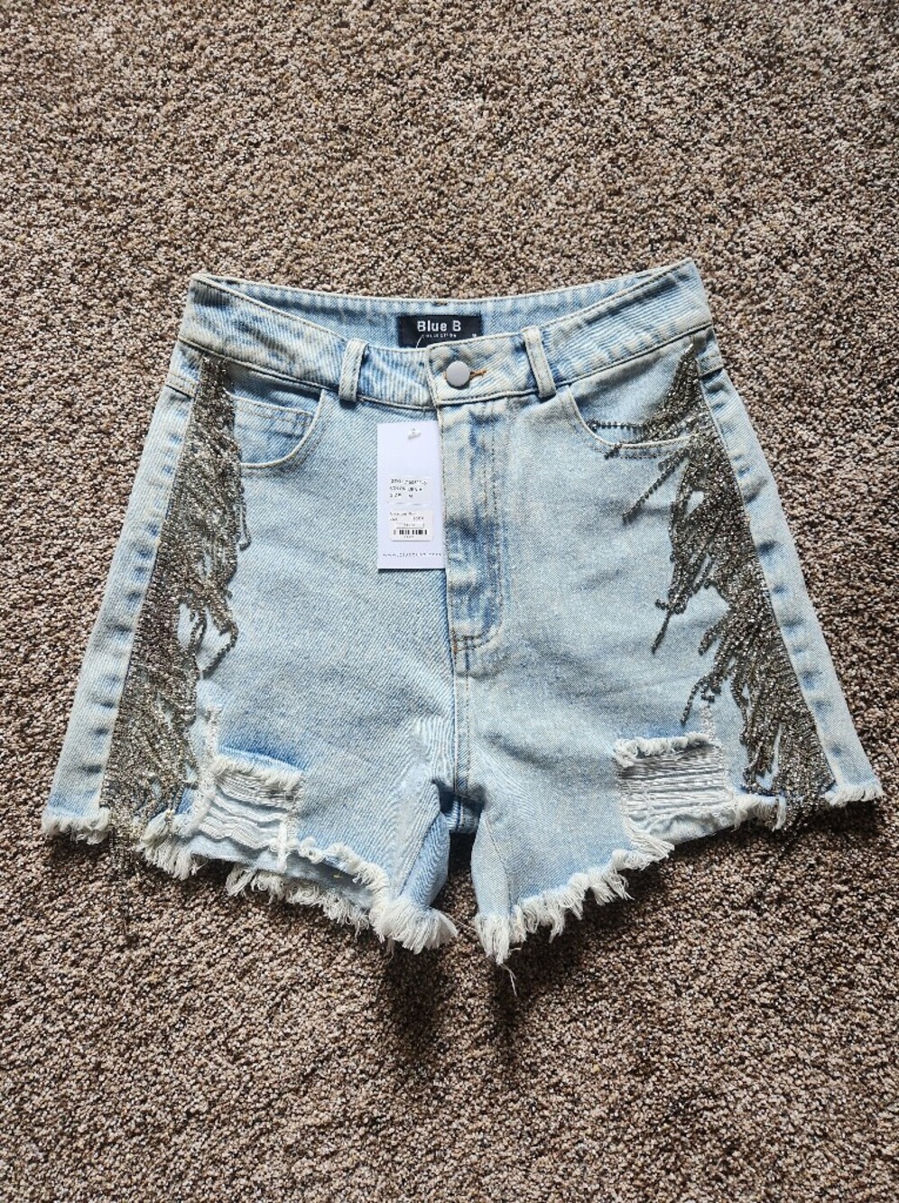 Blue B Light Blue Distressed Denim Shorts with Beaded Fringe